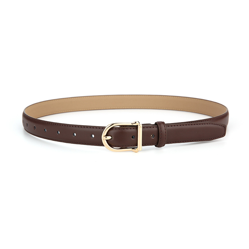 Women's Genuine Leather Thin Belt 2.3cm Width Minimalist Gold D-Shaped Buckle Casual Waist Strap for Jeans Dresses Coffee 105cm - Image 1