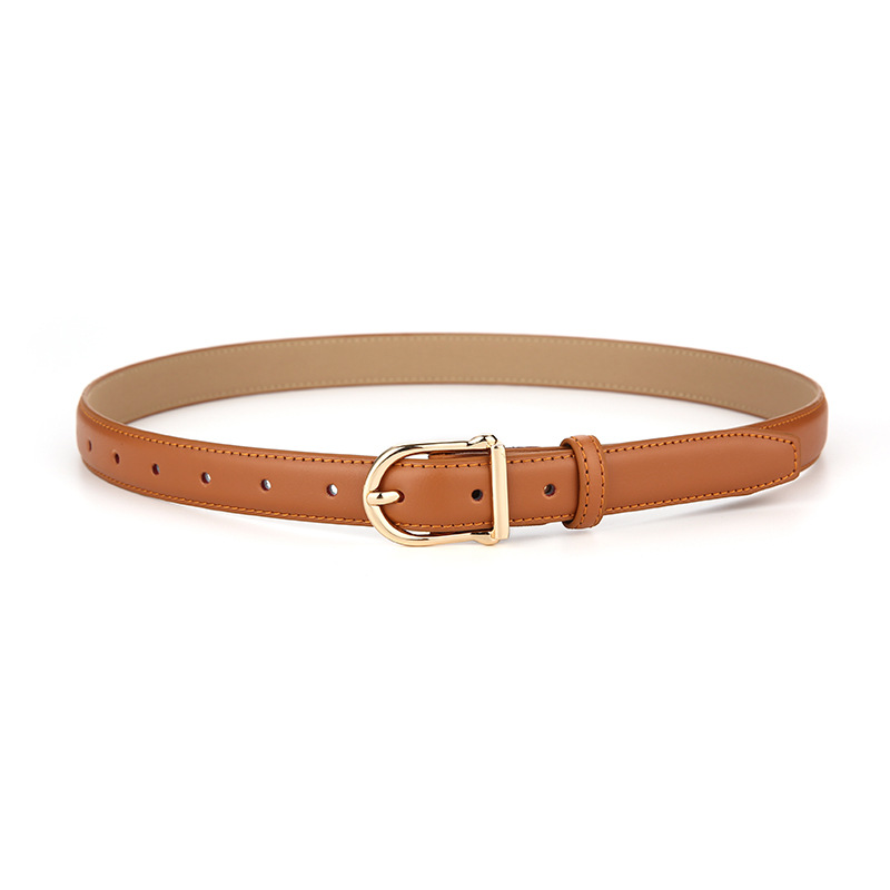 Women's Genuine Leather Thin Belt 2.3cm Width Minimalist Gold D-Shaped Buckle Casual Waist Strap for Jeans Dresses Camel 105cm - Image 1