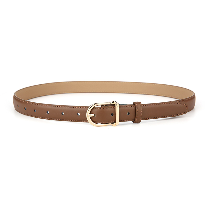 Women's Genuine Leather Thin Belt 2.3cm Width Minimalist Gold D-Shaped Buckle Casual Waist Strap for Jeans Dresses Caramel Color 105cm - Image 1
