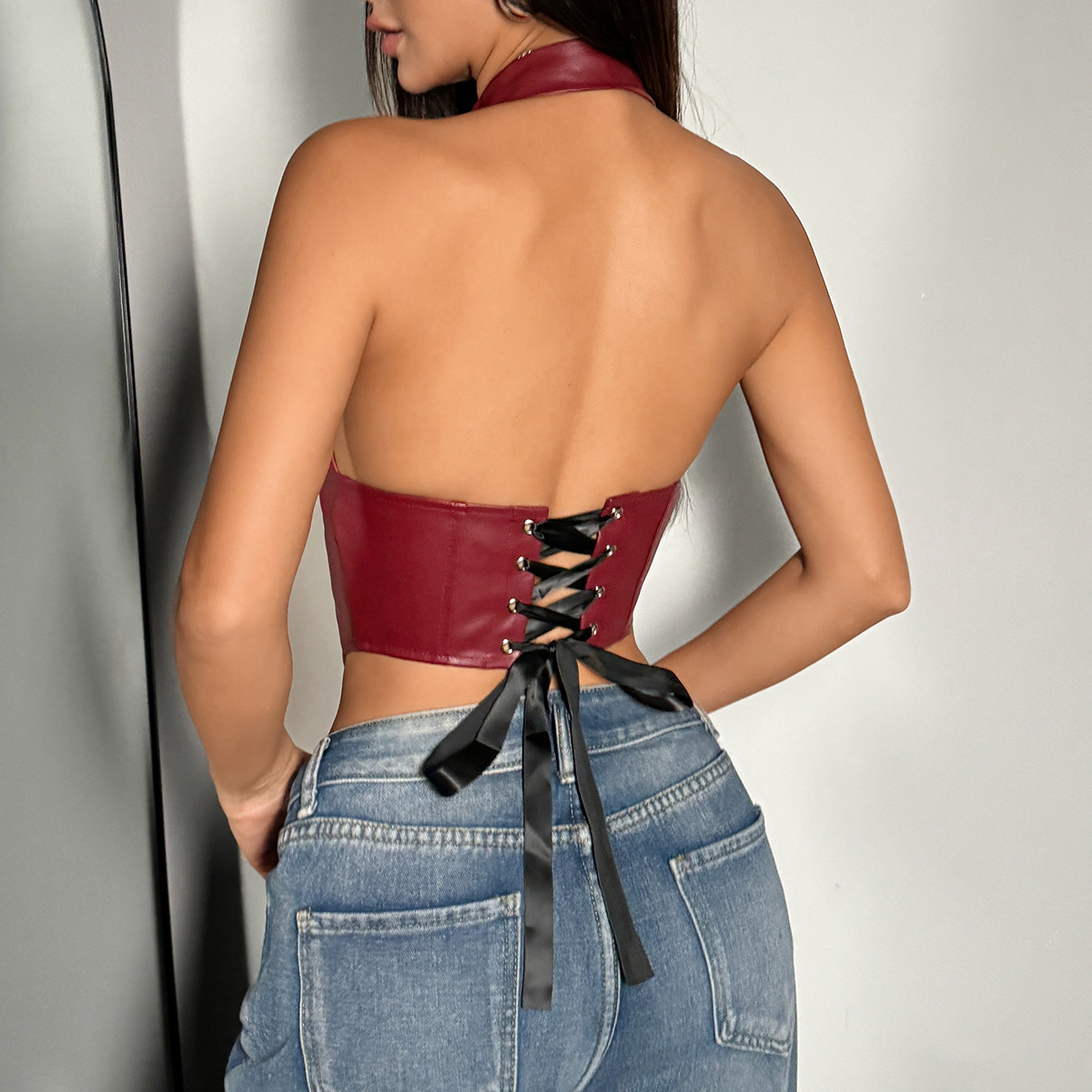 Womens Sexy PU Leather Halter Crop Top Deep V Neck Backless Faux Leather Vest Button Front Pointed Hem Clubwear Burgundy M - Image 6