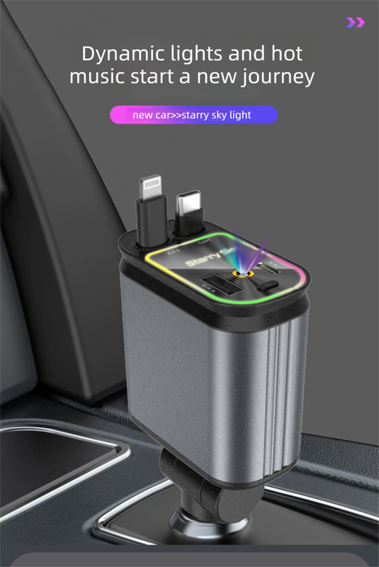 4-in-1 Retractable Car Charger Adapter 120W Max Fast Charging Dual Cables Type-C & Lightning Starry Sky Projector Light 12V-24V for iPhone Samsung - Image 1