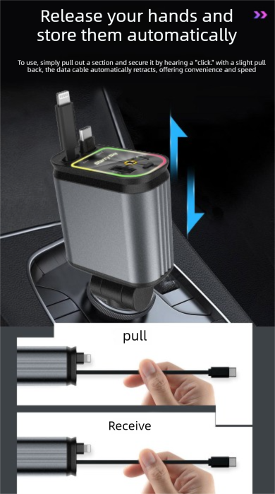 4-in-1 Retractable Car Charger Adapter 120W Max Fast Charging Dual Cables Type-C & Lightning Starry Sky Projector Light 12V-24V for iPhone Samsung - Image 6