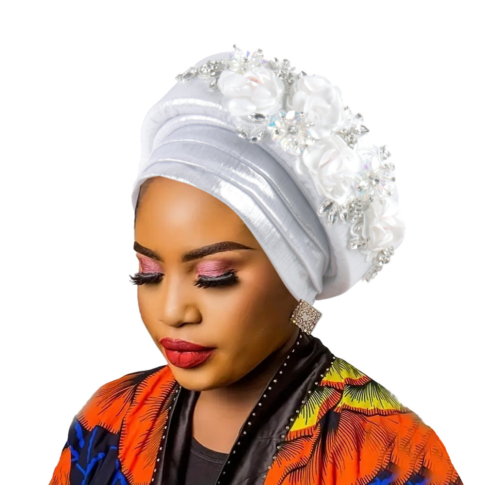 Women's Luxury Silver Turban Hat with Beaded Floral Embellishments Pre-Tied African Style Headwrap for Weddings Parties & Special Occasions - Image 1