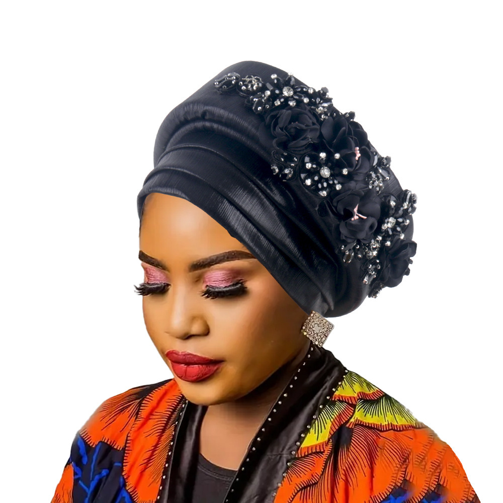 Women's Luxury Black Turban Hat with Beaded Floral Embellishments Pre-Tied African Style Headwrap for Weddings Parties & Special Occasions - Image 1
