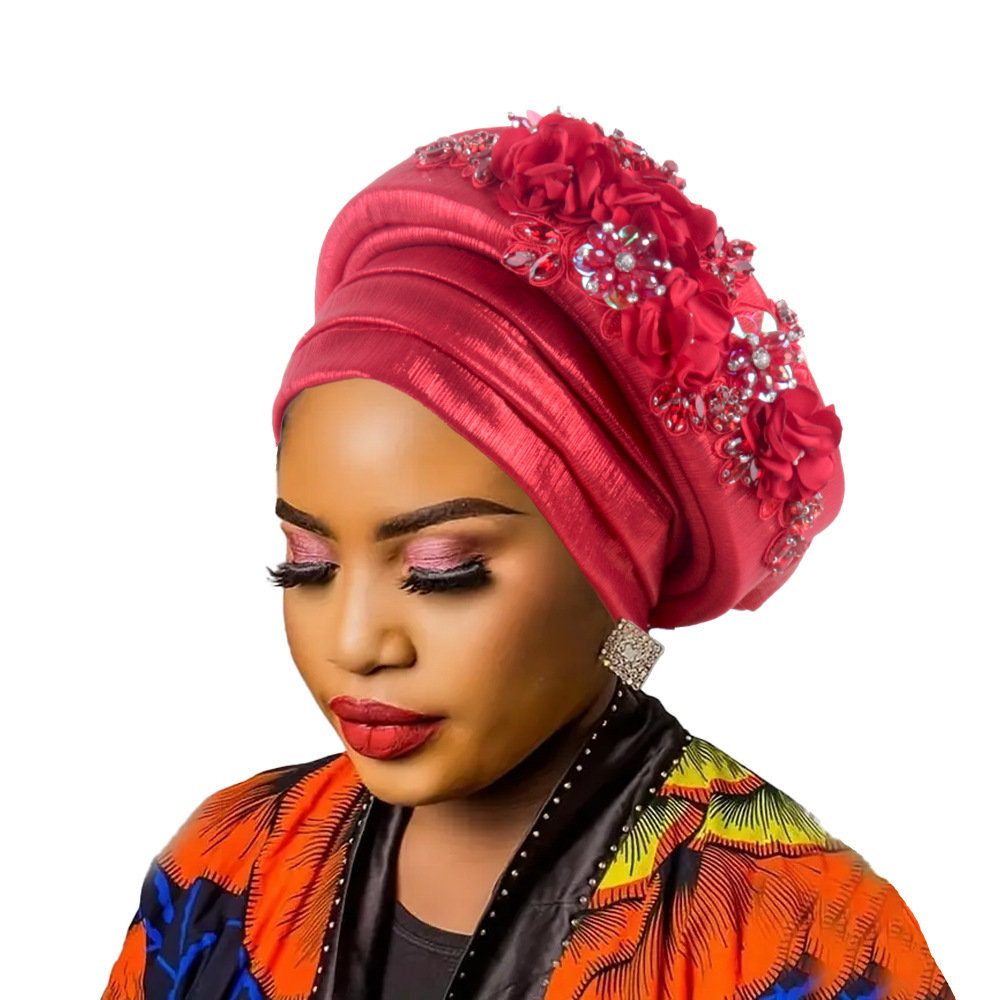 Women's Luxury Red Turban Hat with Beaded Floral Embellishments Pre-Tied African Style Headwrap for Weddings Parties & Special Occasions - Image 1