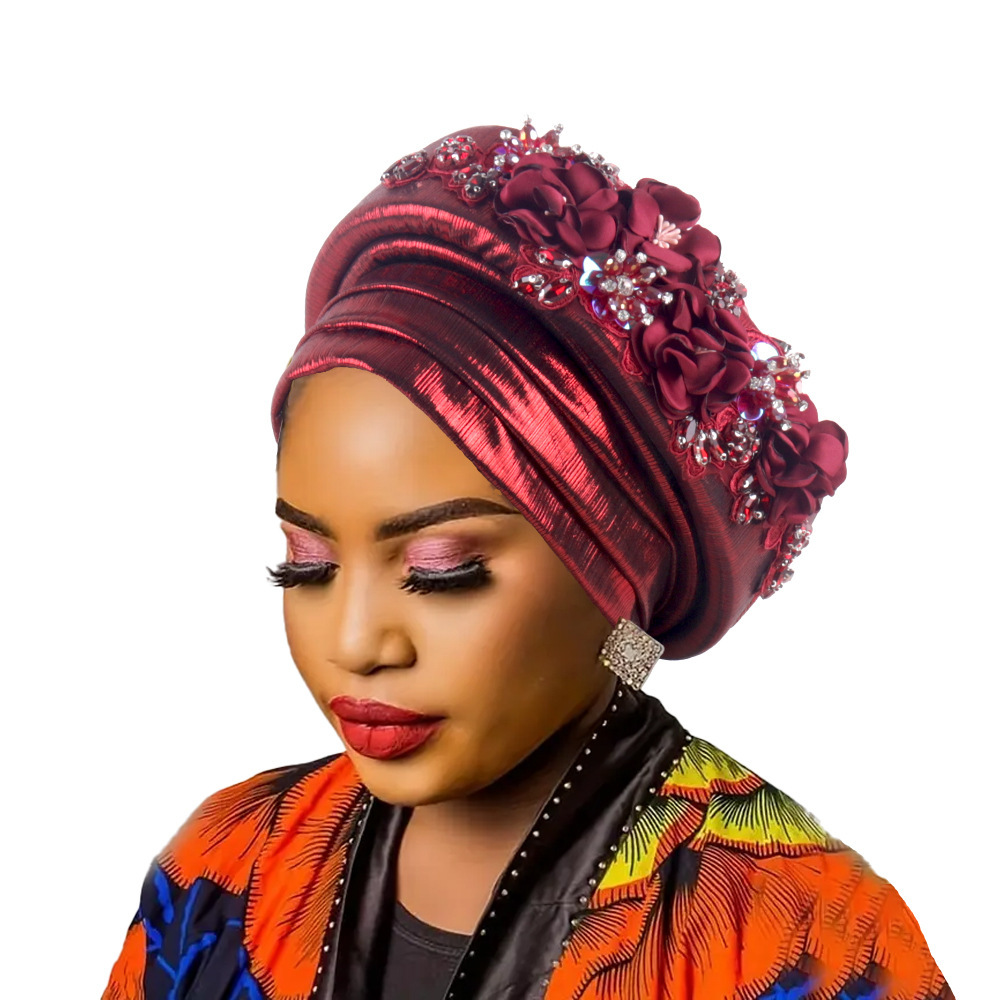 Women's Luxury Burgundy Turban Hat with Beaded Floral Embellishments Pre-Tied African Style Headwrap for Weddings Parties & Special Occasions - Image 1