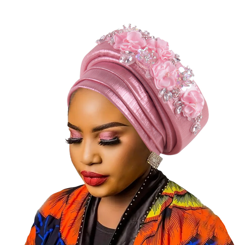 Women's Luxury Pink Turban Hat with Beaded Floral Embellishments Pre-Tied African Style Headwrap for Weddings Parties & Special Occasions - Image 1
