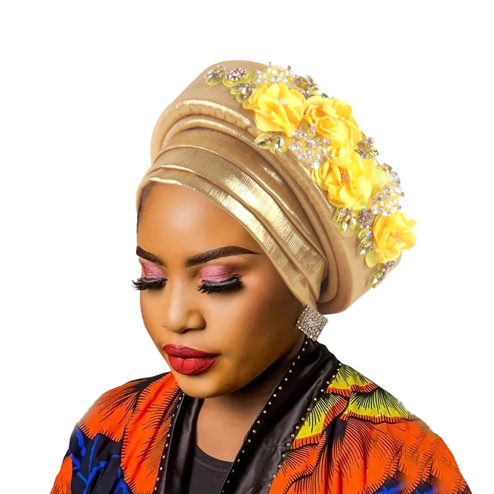 Women's Luxury Gold Turban Hat with Beaded Floral Embellishments Pre-Tied African Style Headwrap for Weddings Parties & Special Occasions - Image 1