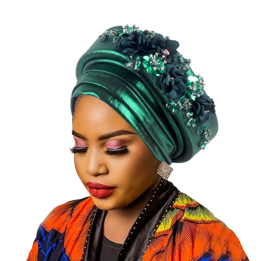 Women's Luxury Green Turban Hat with Beaded Floral Embellishments Pre-Tied African Style Headwrap for Weddings Parties & Special Occasions - Image 1