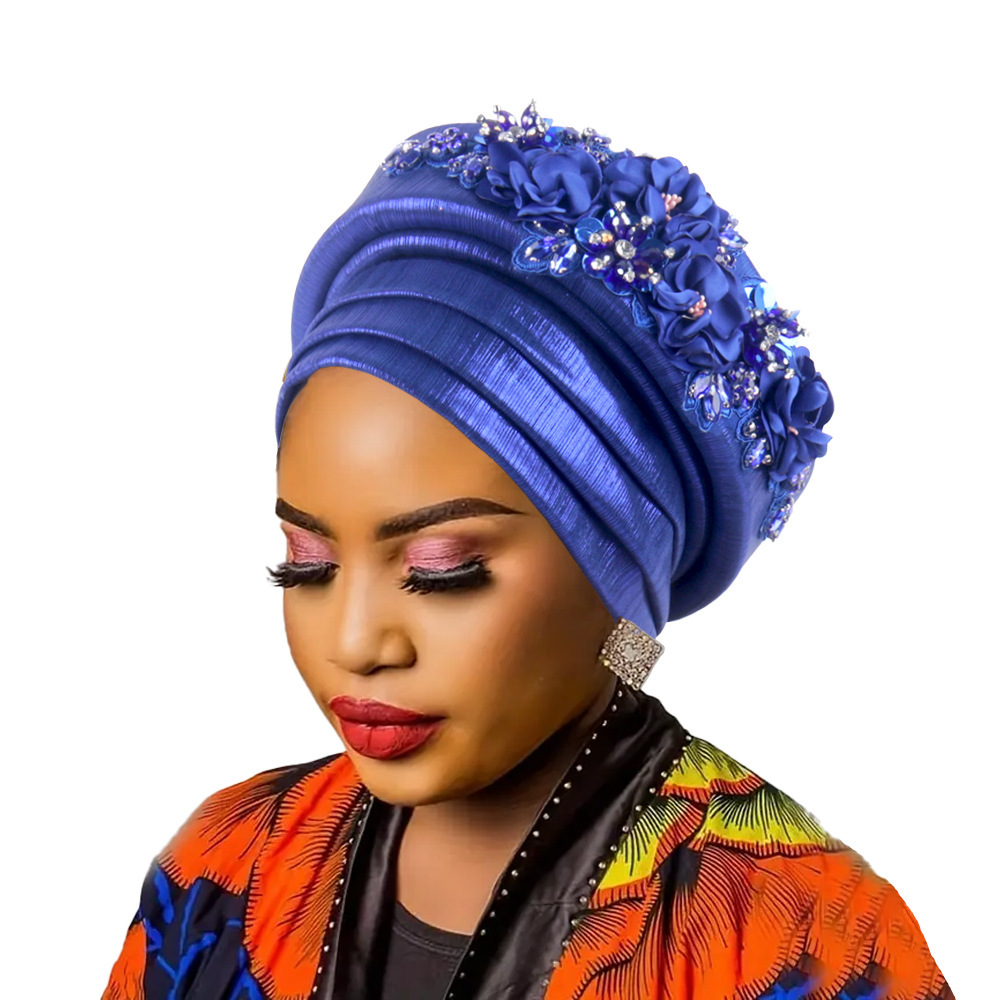 Women's Luxury Navy Blue Turban Hat with Beaded Floral Embellishments Pre-Tied African Style Headwrap for Weddings Parties & Special Occasions - Image 1