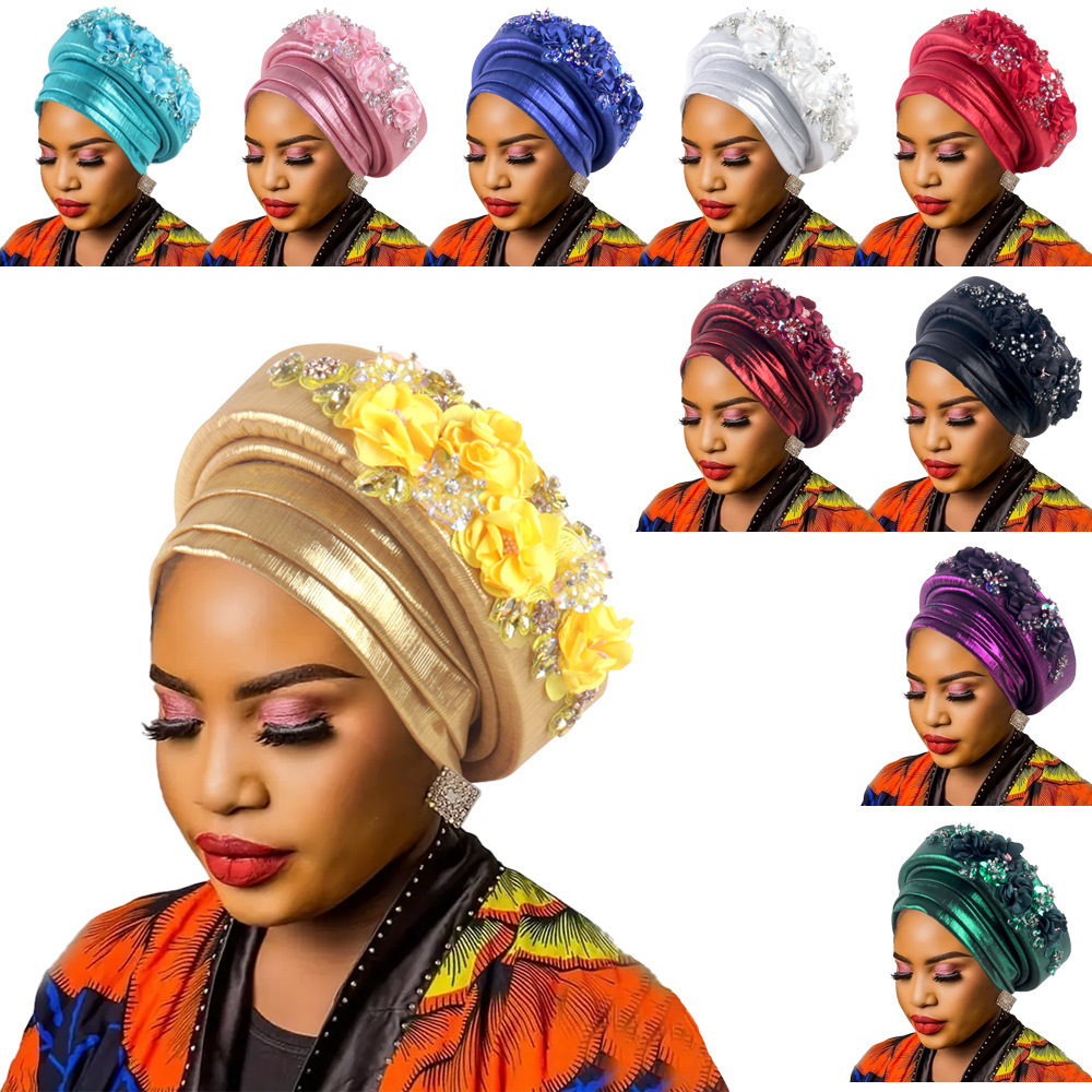 Women's Luxury Navy Blue Turban Hat with Beaded Floral Embellishments Pre-Tied African Style Headwrap for Weddings Parties & Special Occasions - Image 3