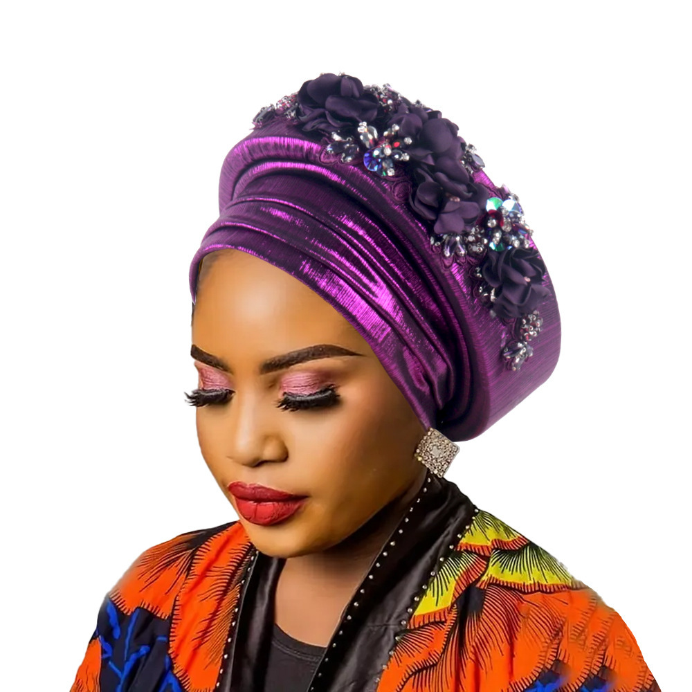 Women's Luxury Purple Turban Hat with Beaded Floral Embellishments Pre-Tied African Style Headwrap for Weddings Parties & Special Occasions - Image 1