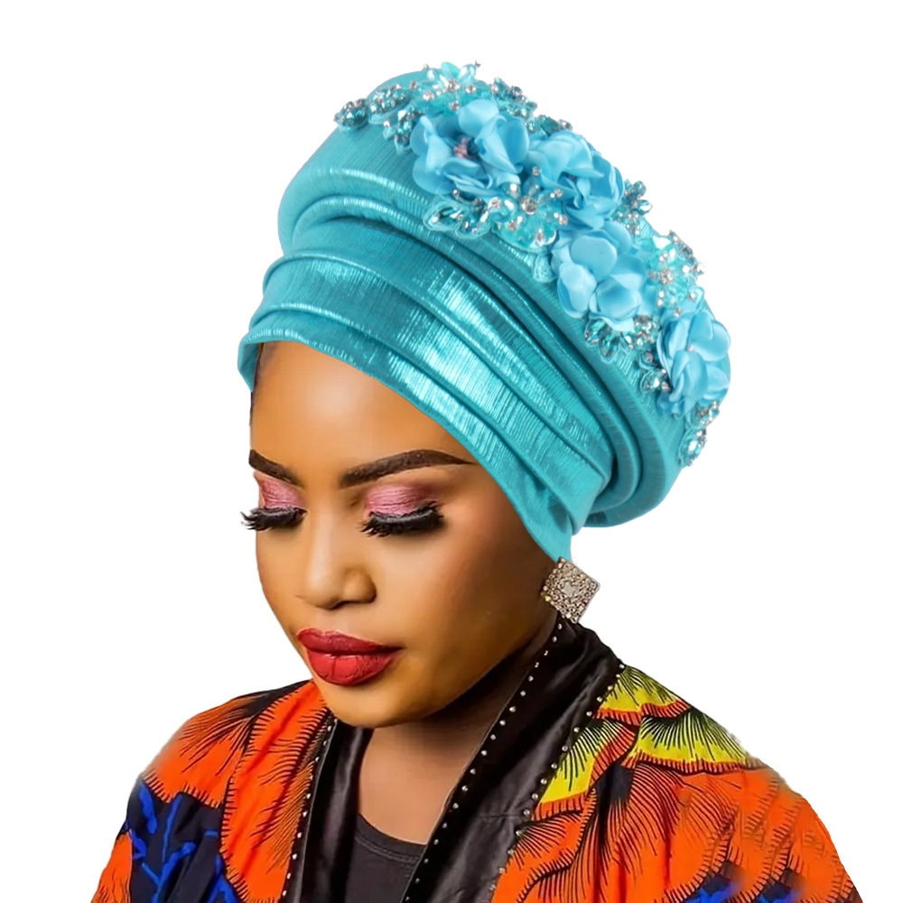 Women's Luxury Lake Blue Turban Hat with Beaded Floral Embellishments Pre-Tied African Style Headwrap for Weddings Parties & Special Occasions - Image 1