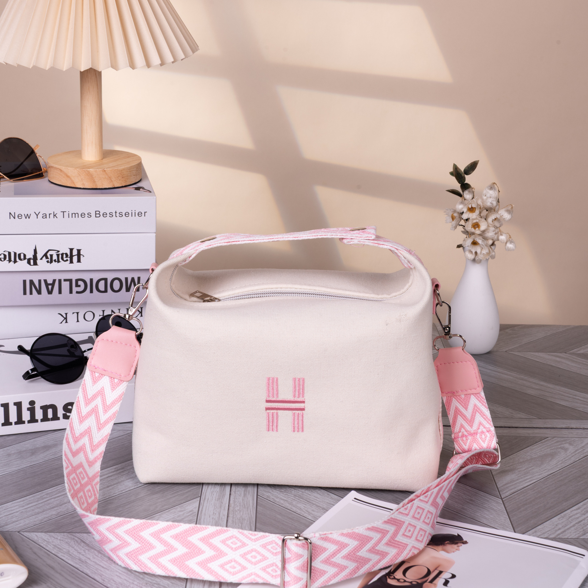 Women's Minimalist Canvas Crossbody Bag with Wide Pink Webbing Strap Casual Shoulder Handbag Large Capacity for Daily Use - Cream White - Image 1