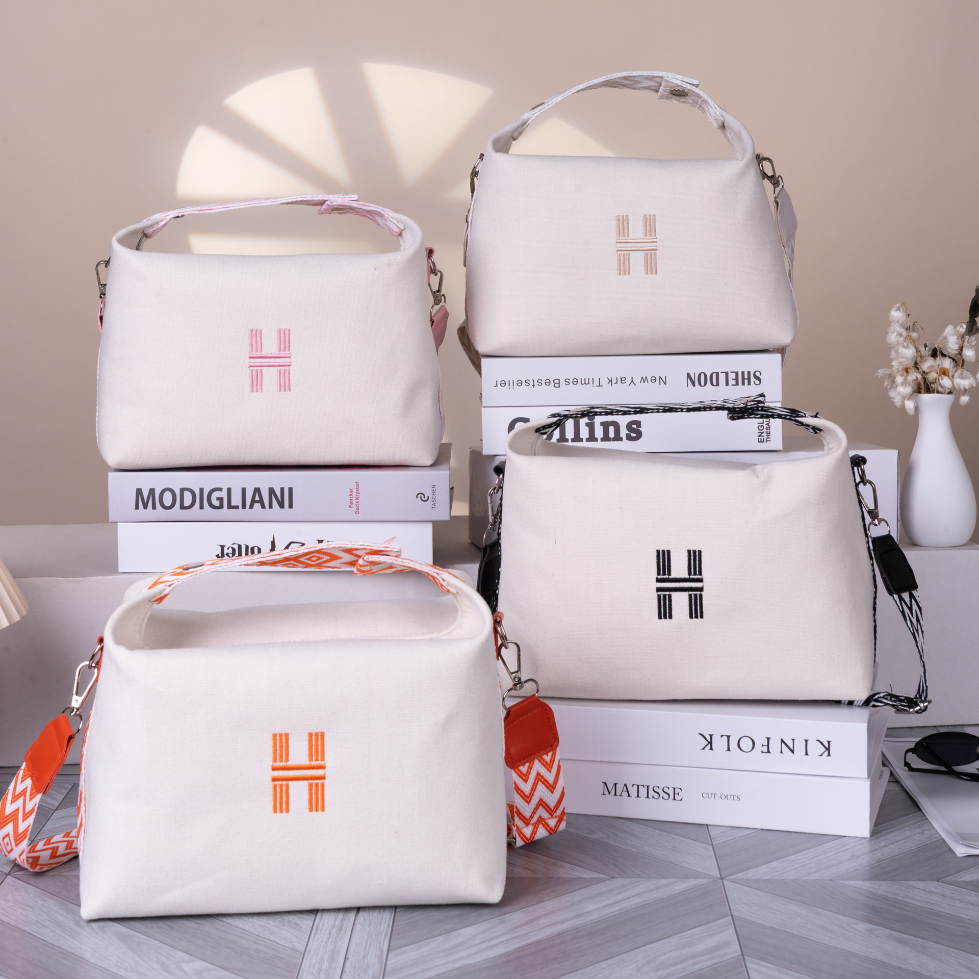 Women's Minimalist Canvas Crossbody Bag with Wide Pink Webbing Strap Casual Shoulder Handbag Large Capacity for Daily Use - Cream White - Image 2