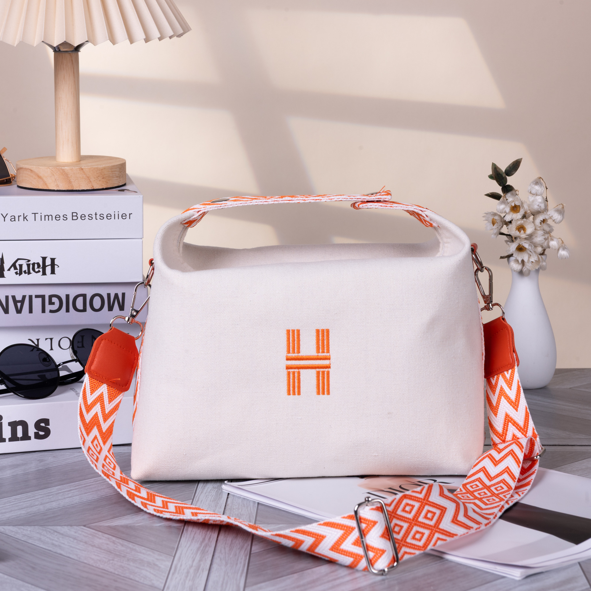 Women's Minimalist Canvas Crossbody Bag with Wide Orange Webbing Strap Casual Shoulder Handbag Large Capacity for Daily Use - Cream White - Image 1