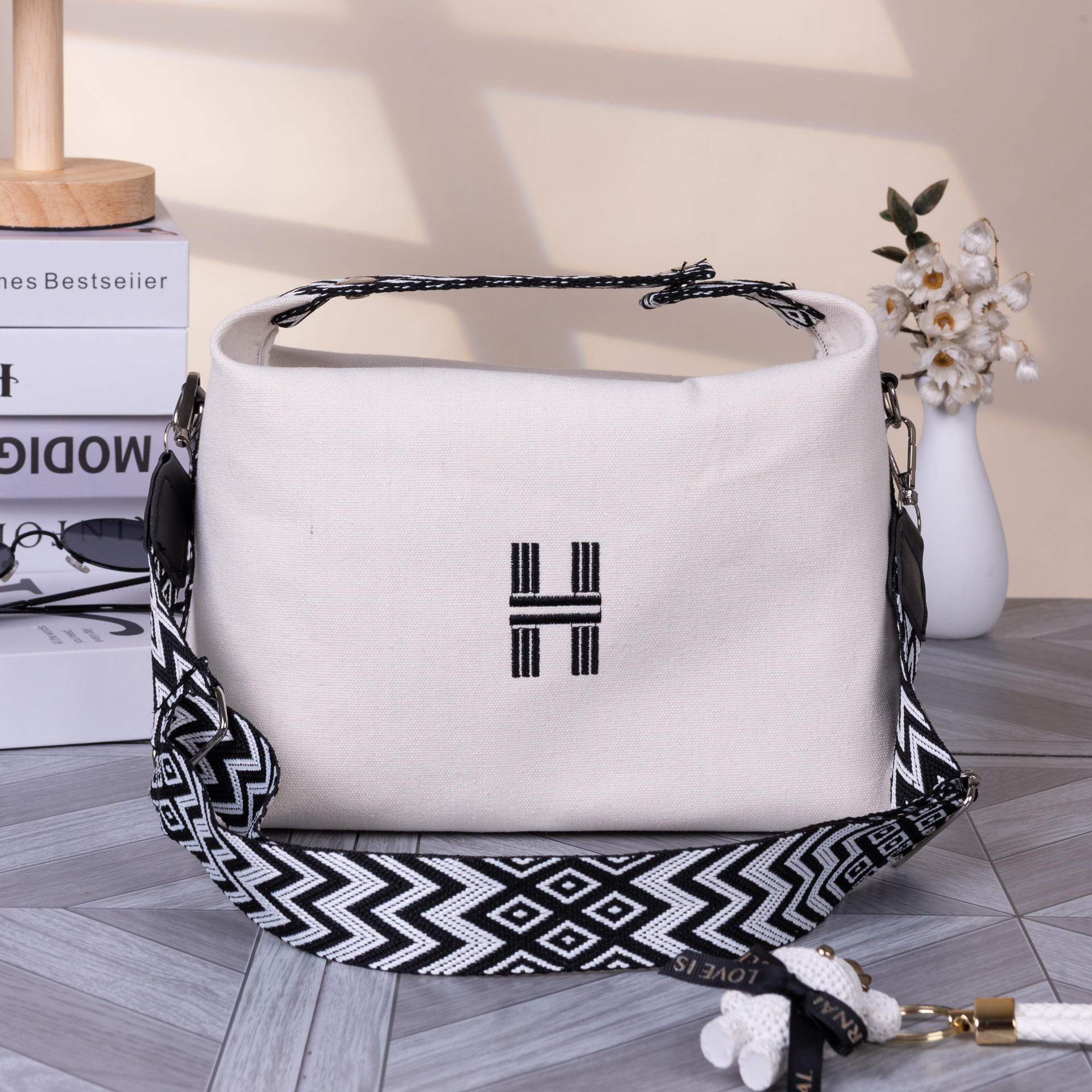 Women's Minimalist Canvas Crossbody Bag with Wide Black Webbing Strap Casual Shoulder Handbag Large Capacity for Daily Use - Cream White - Image 1
