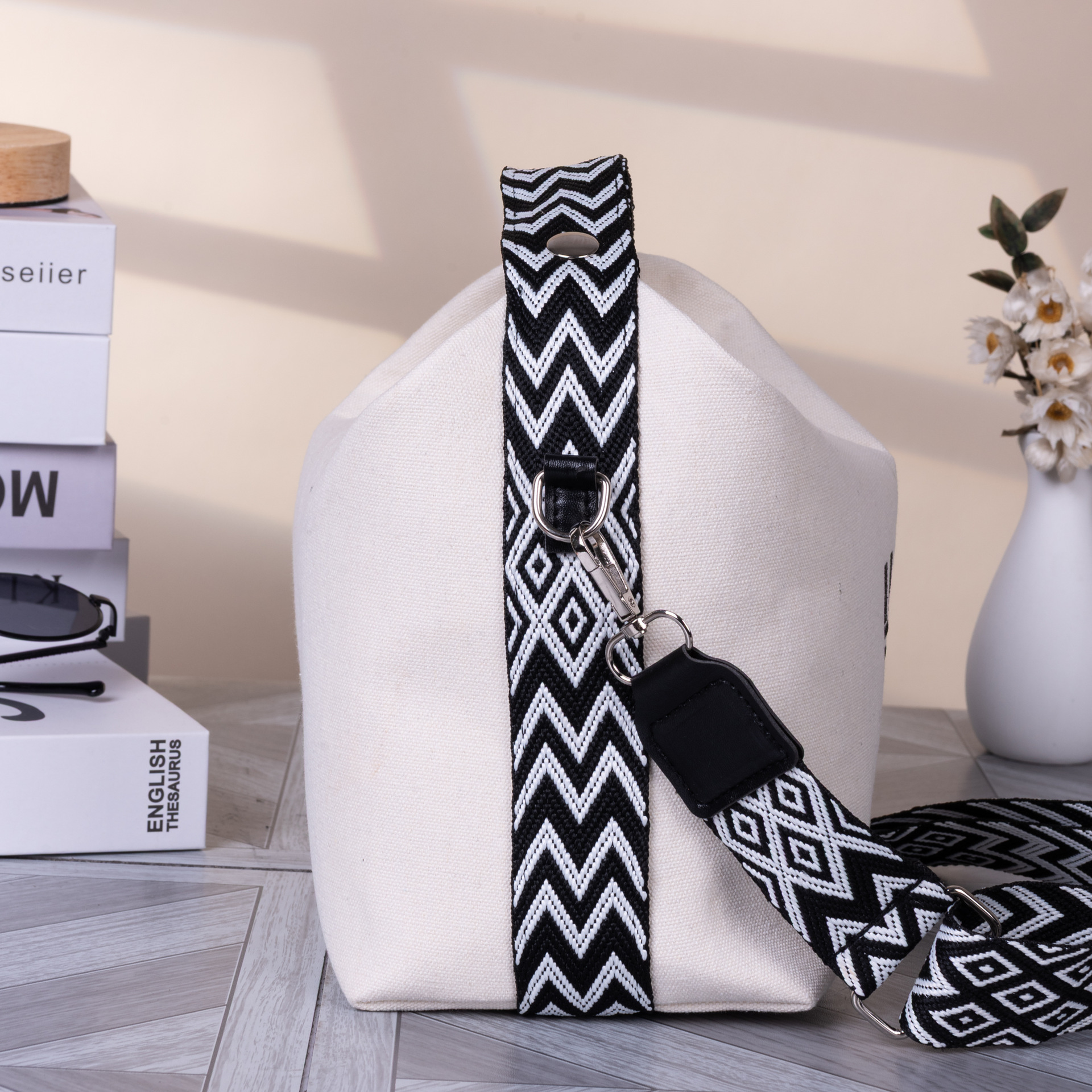 Women's Minimalist Canvas Crossbody Bag with Wide Black Webbing Strap Casual Shoulder Handbag Large Capacity for Daily Use - Cream White - Image 3