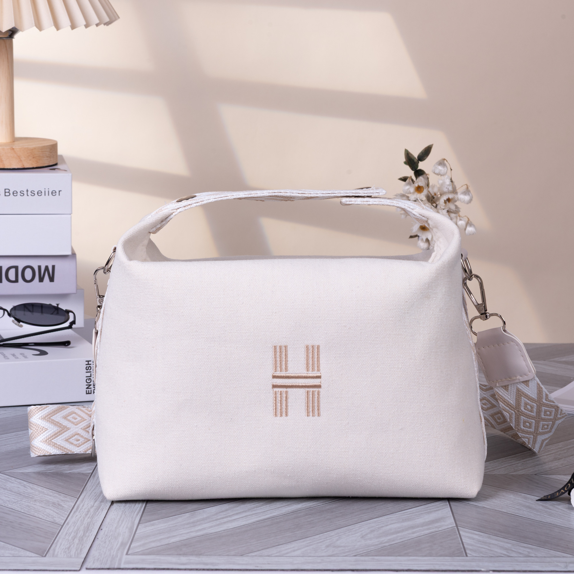 Women's Minimalist Canvas Crossbody Bag with Wide Beige Webbing Strap Casual Shoulder Handbag Large Capacity for Daily Use - Cream White - Image 1