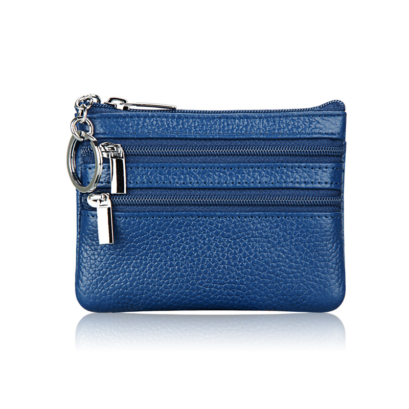 Genuine Leather Coin Purse Mini Wallet with Triple Zipper Pockets Key Ring Holder Pouch for Cash & Cards - Blue - Image 1