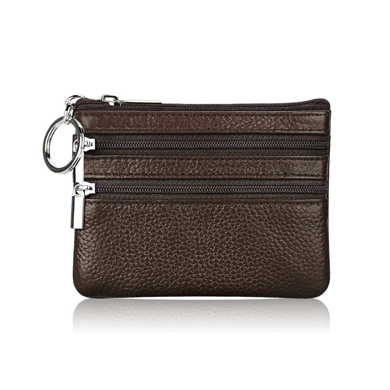 Genuine Leather Coin Purse Mini Wallet with Triple Zipper Pockets Key Ring Holder Pouch for Cash & Cards - Coffee - Image 1