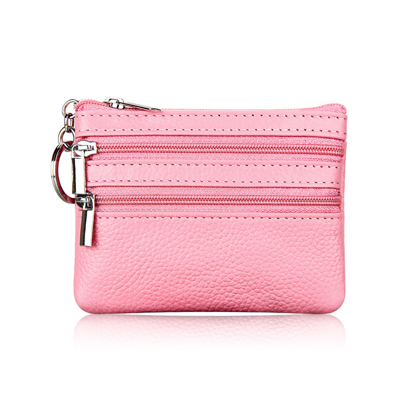 Genuine Leather Coin Purse Mini Wallet with Triple Zipper Pockets Key Ring Holder Pouch for Cash & Cards - Pink - Image 1