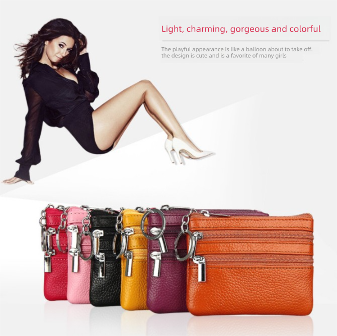 Genuine Leather Coin Purse Mini Wallet with Triple Zipper Pockets Key Ring Holder Pouch for Cash & Cards - Pink - Image 2