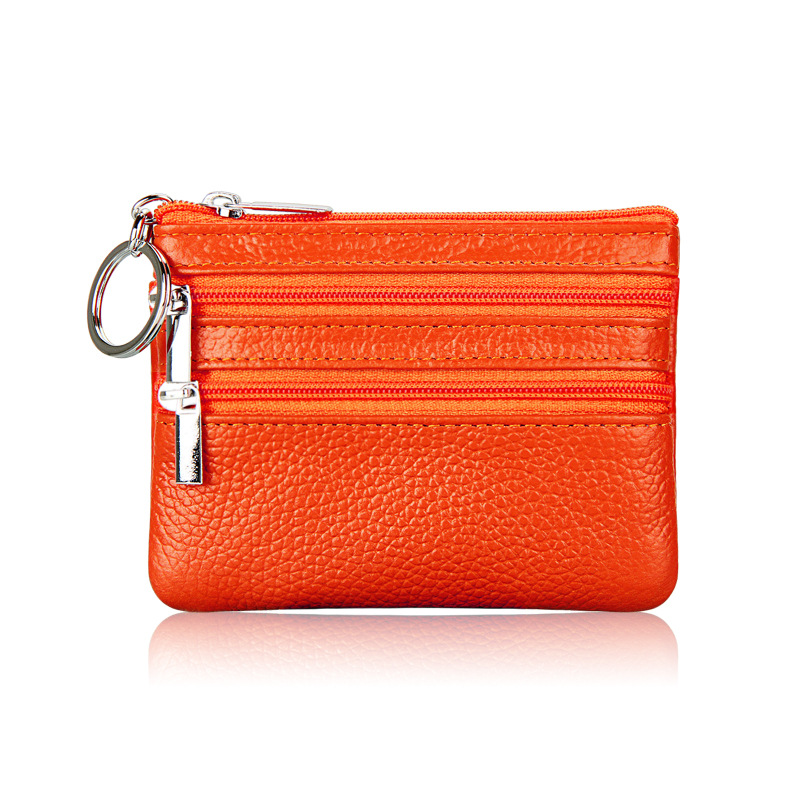 Genuine Leather Coin Purse Mini Wallet with Triple Zipper Pockets Key Ring Holder Pouch for Cash & Cards - Orange - Image 1