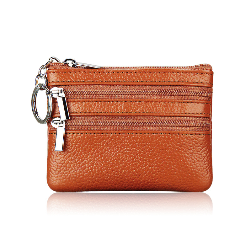 Genuine Leather Coin Purse Mini Wallet with Triple Zipper Pockets Key Ring Holder Pouch for Cash & Cards - Brown - Image 1
