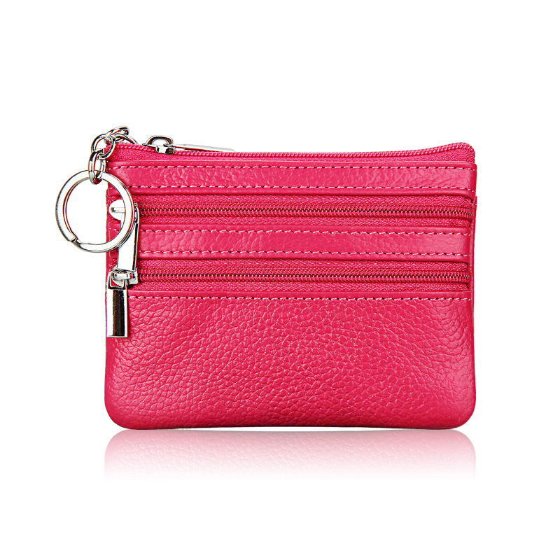 Genuine Leather Coin Purse Mini Wallet with Triple Zipper Pockets Key Ring Holder Pouch for Cash & Cards - Rose Red - Image 1