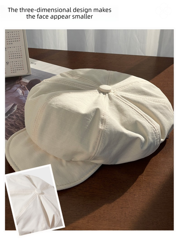 Women's Beige Newsboy Cap UPF50+ Sun Protection Cotton Blend Octagonal Beret Hat - Adjustable Breathable Baker Boy Style with Cute Button Detail - Image 2