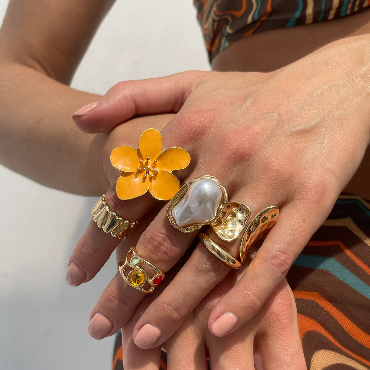 6-Piece Gold Chunky Stackable Ring Set Yellow Enamel Flower & Baroque Pearl - Adjustable Open Finger Jewellery for Women (Light Gold) - Image 1