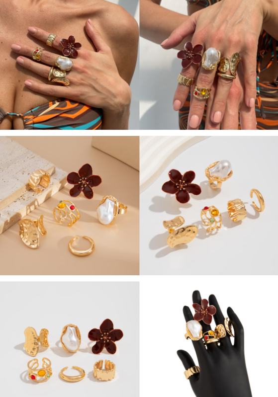 6-Piece Gold Chunky Stackable Ring Set Yellow Enamel Flower & Baroque Pearl - Adjustable Open Finger Jewellery for Women (Light Gold) - Image 3