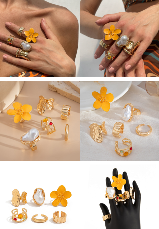 6-Piece Gold Chunky Stackable Ring Set Deep Red Enamel Flower & Baroque Pearl - Adjustable Open Finger Jewellery for Women (Light Gold) - Image 2