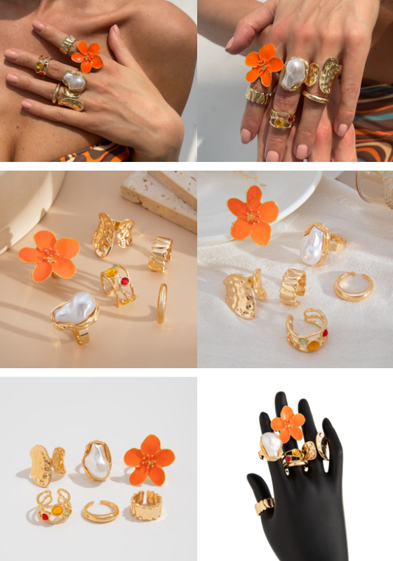 6-Piece Gold Chunky Stackable Ring Set Orange Enamel Flower & Baroque Pearl - Adjustable Open Finger Jewellery for Women (Light Gold) - Image 4