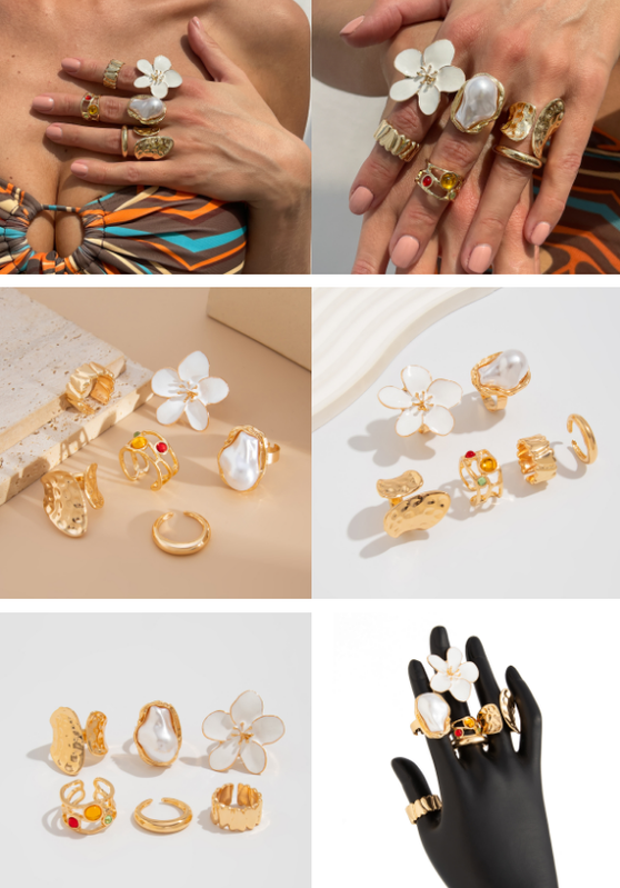 6-Piece Gold Chunky Stackable Ring Set Orange Enamel Flower & Baroque Pearl - Adjustable Open Finger Jewellery for Women (Light Gold) - Image 5