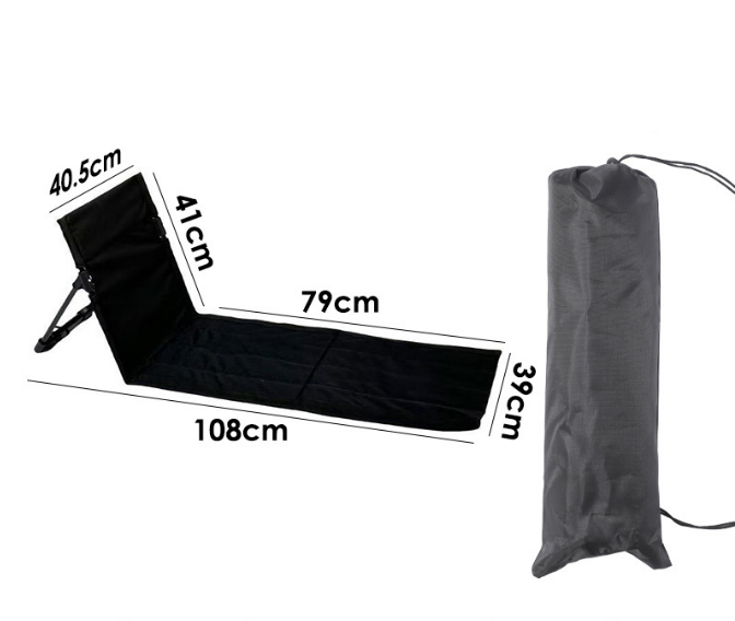 Portable Outdoor Folding Ground Chair with Back Support (Extra Long Black) - Lightweight Padded Beach Mat & Picnic Seat for Camping, Festivals & Parks - Image 1