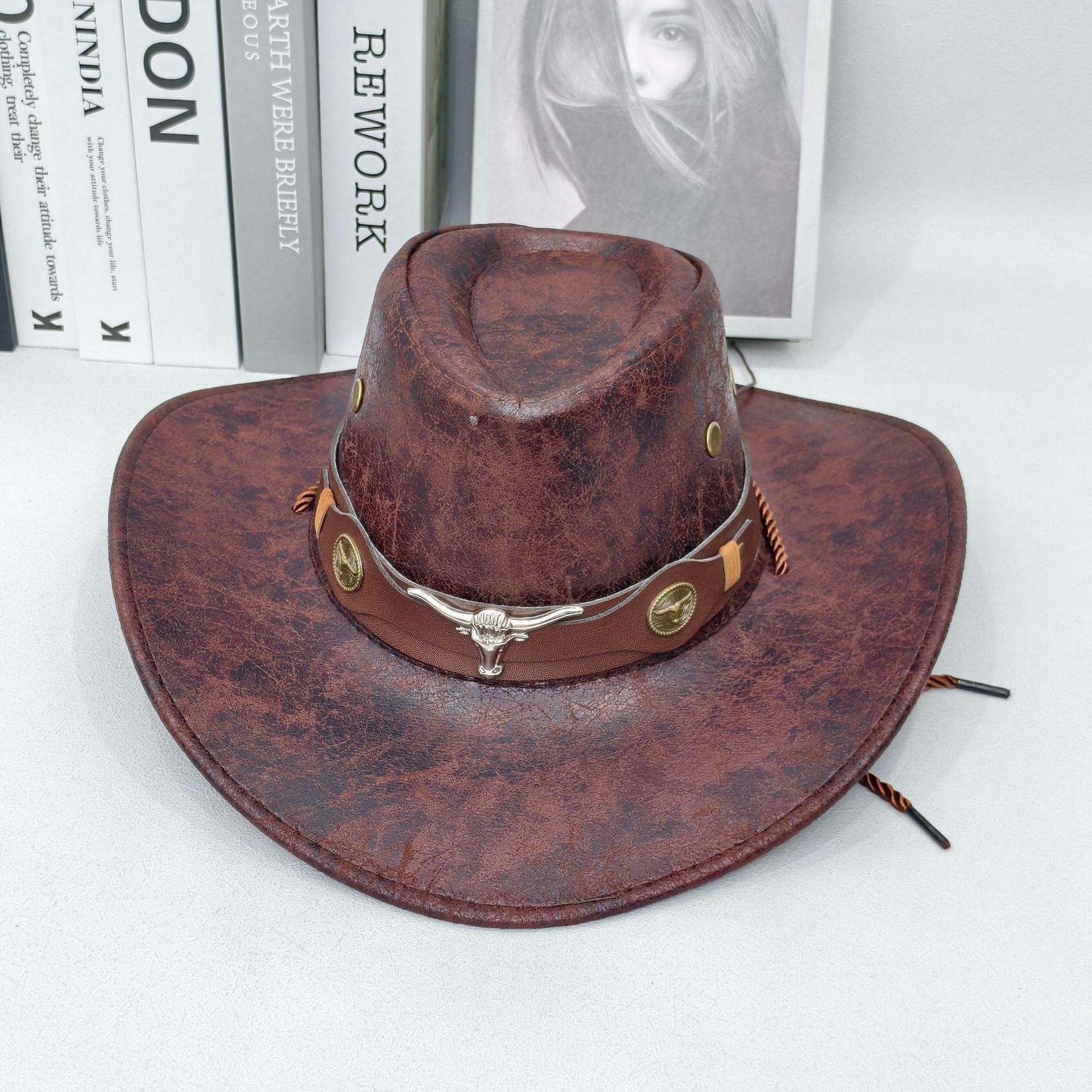 Rustic Western Cowboy Hat - Distressed Faux Leather Look Wide Brim Outback Sun Hat with Bull Head Emblem for Men & Women (Coffee Brown) - Image 1