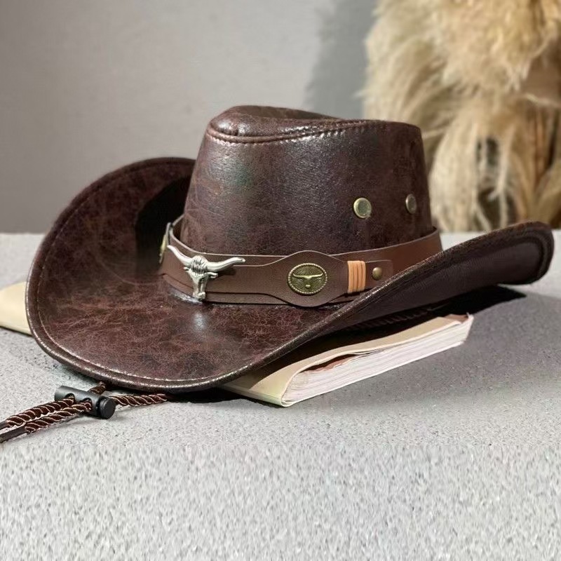 Rustic Western Cowboy Hat - Distressed Faux Leather Look Wide Brim Outback Sun Hat with Bull Head Emblem for Men & Women (Coffee Brown) - Image 2