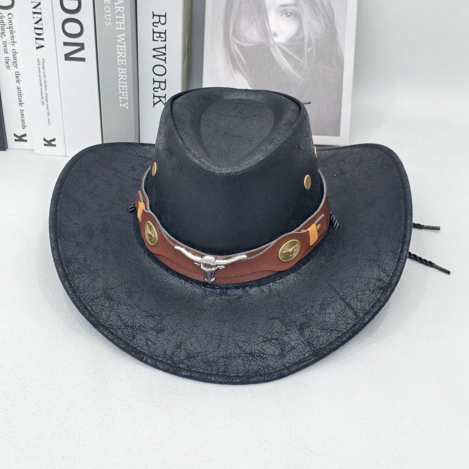 Rustic Western Cowboy Hat - Distressed Faux Leather Look Wide Brim Outback Sun Hat with Bull Head Emblem for Men & Women (Black) - Image 1