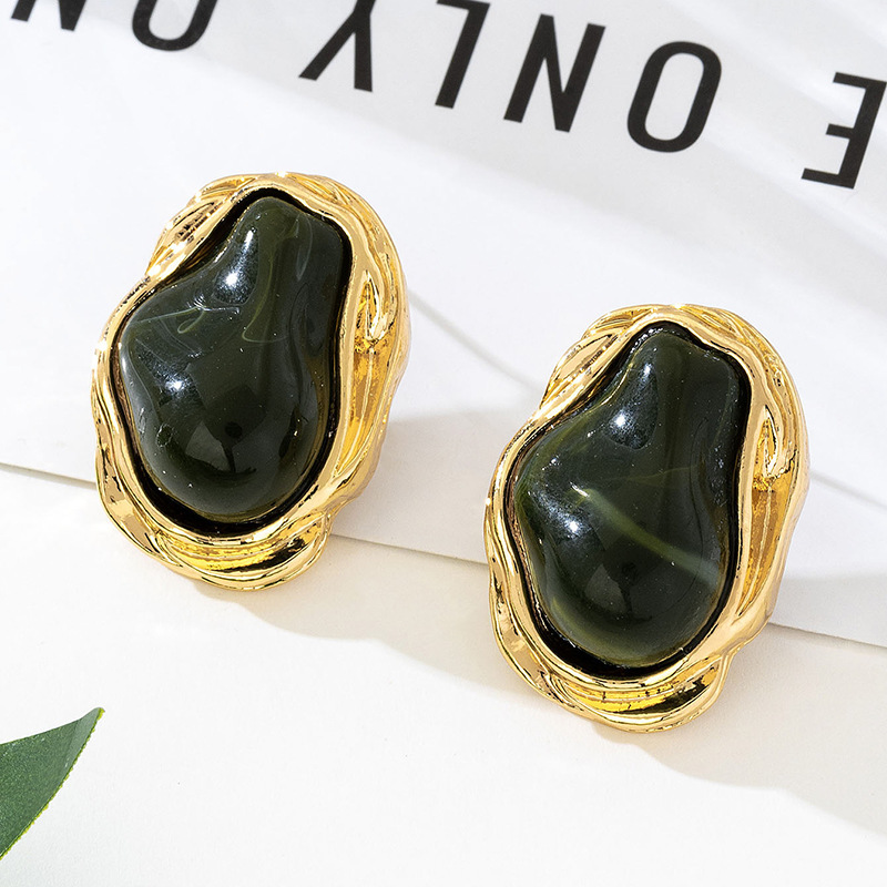 A Pair of Vintage Baroque Statement Earrings - Chunky Gold Tone Irregular Studs with Dark Green Faux Stone - Stainless Steel Pin Fashion Jewellery for Women - Image 1