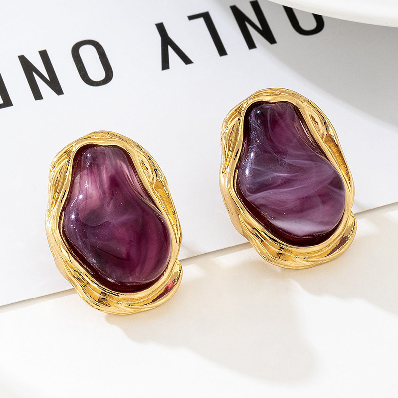 A Pair of Vintage Baroque Statement Earrings - Chunky Gold Tone Irregular Studs with Purple Faux Stone - Stainless Steel Pin Fashion Jewellery for Women - Image 1
