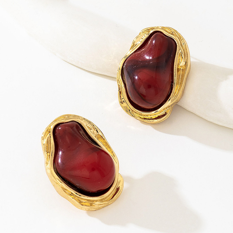 A Pair of Vintage Baroque Statement Earrings - Chunky Gold Tone Irregular Studs with Red Faux Stone - Stainless Steel Pin Fashion Jewellery for Women - Image 1