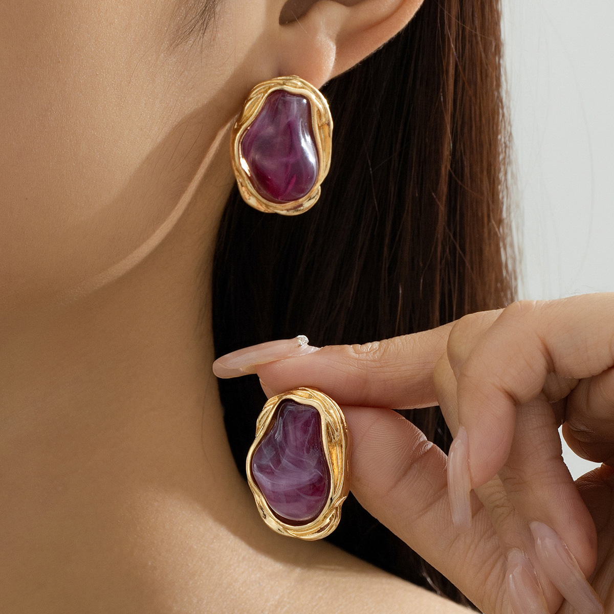 A Pair of Vintage Baroque Statement Earrings - Chunky Gold Tone Irregular Studs with Red Faux Stone - Stainless Steel Pin Fashion Jewellery for Women - Image 2