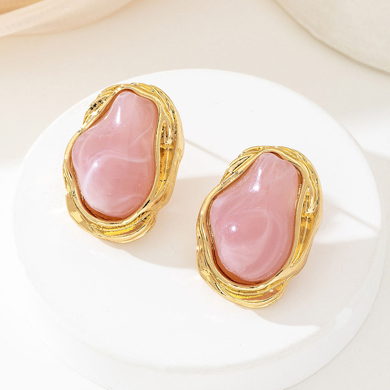A Pair of Vintage Baroque Statement Earrings - Chunky Gold Tone Irregular Studs with Pink Faux Stone - Stainless Steel Pin Fashion Jewellery for Women - Image 1