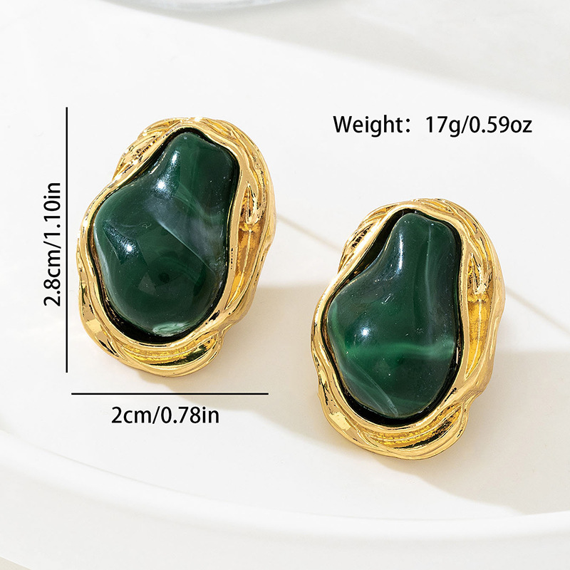 A Pair of Vintage Baroque Statement Earrings - Chunky Gold Tone Irregular Studs with Light Green Faux Stone - Stainless Steel Pin Fashion Jewellery for Women - Image 1