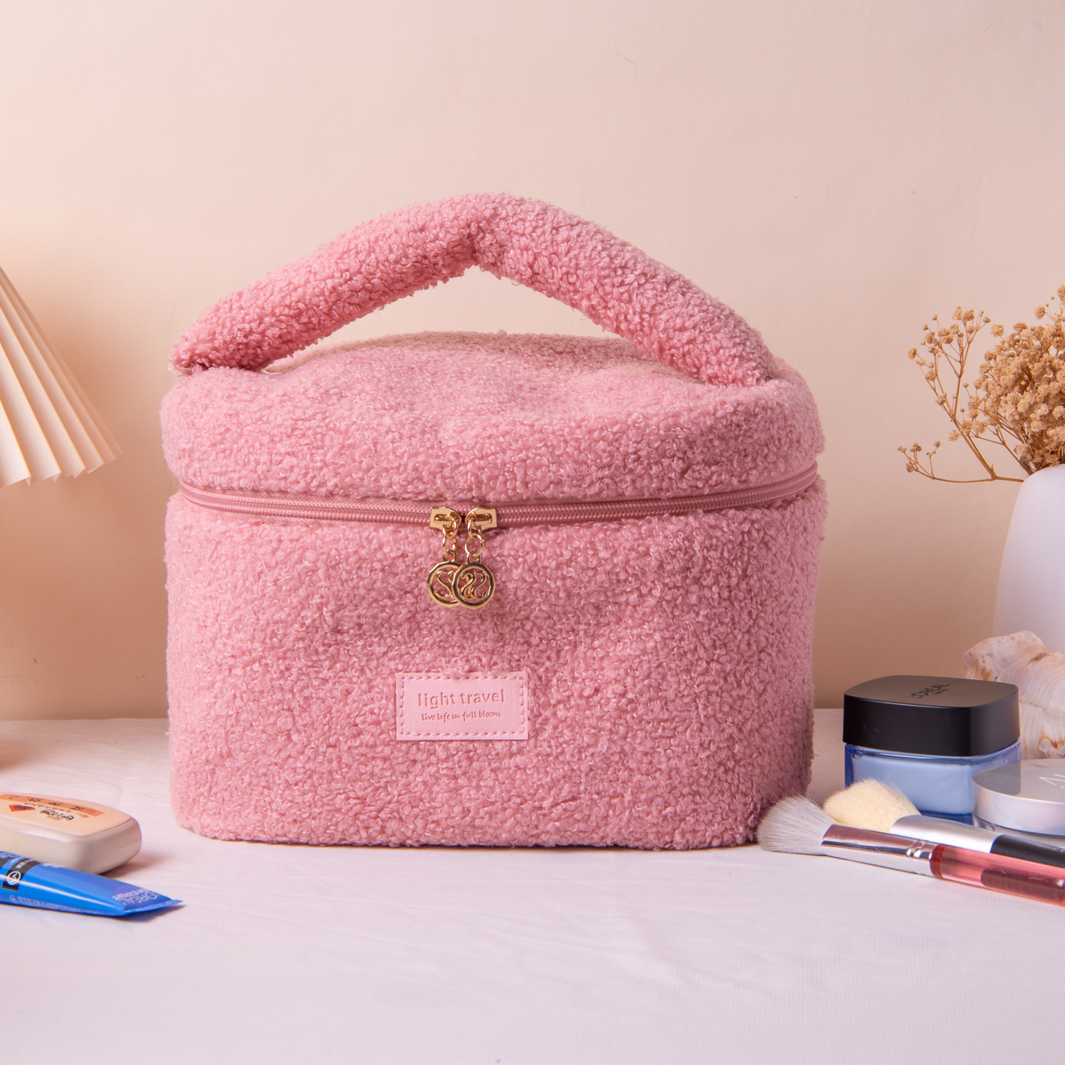 Large Plush Teddy Fleece Cosmetic Bag - Soft Sherpa Makeup Case with Handle - Pink Travel Toiletry Organiser (26cm) - Image 1