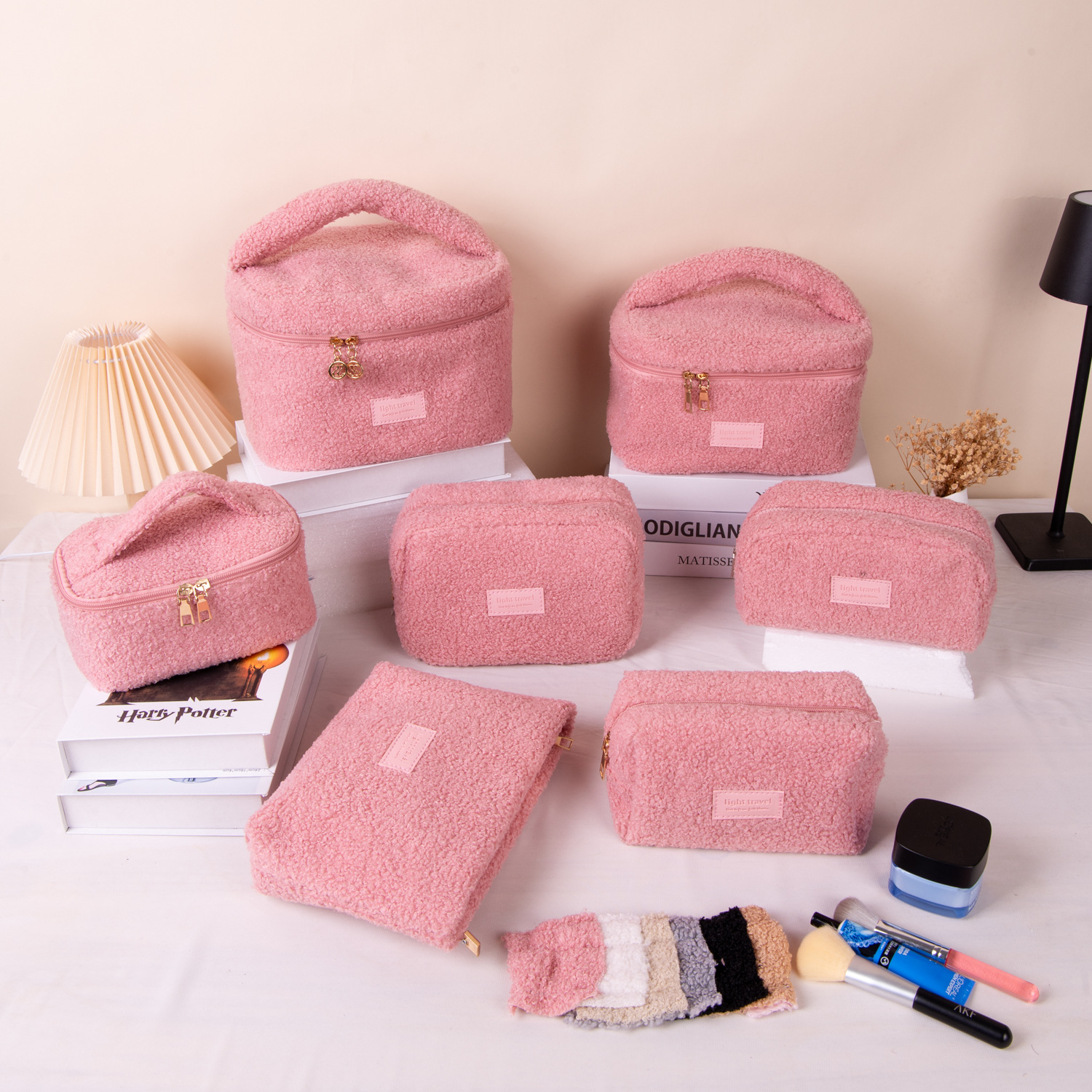 Large Plush Teddy Fleece Cosmetic Bag - Soft Sherpa Makeup Case with Handle - Pink Travel Toiletry Organiser (26cm) - Image 2