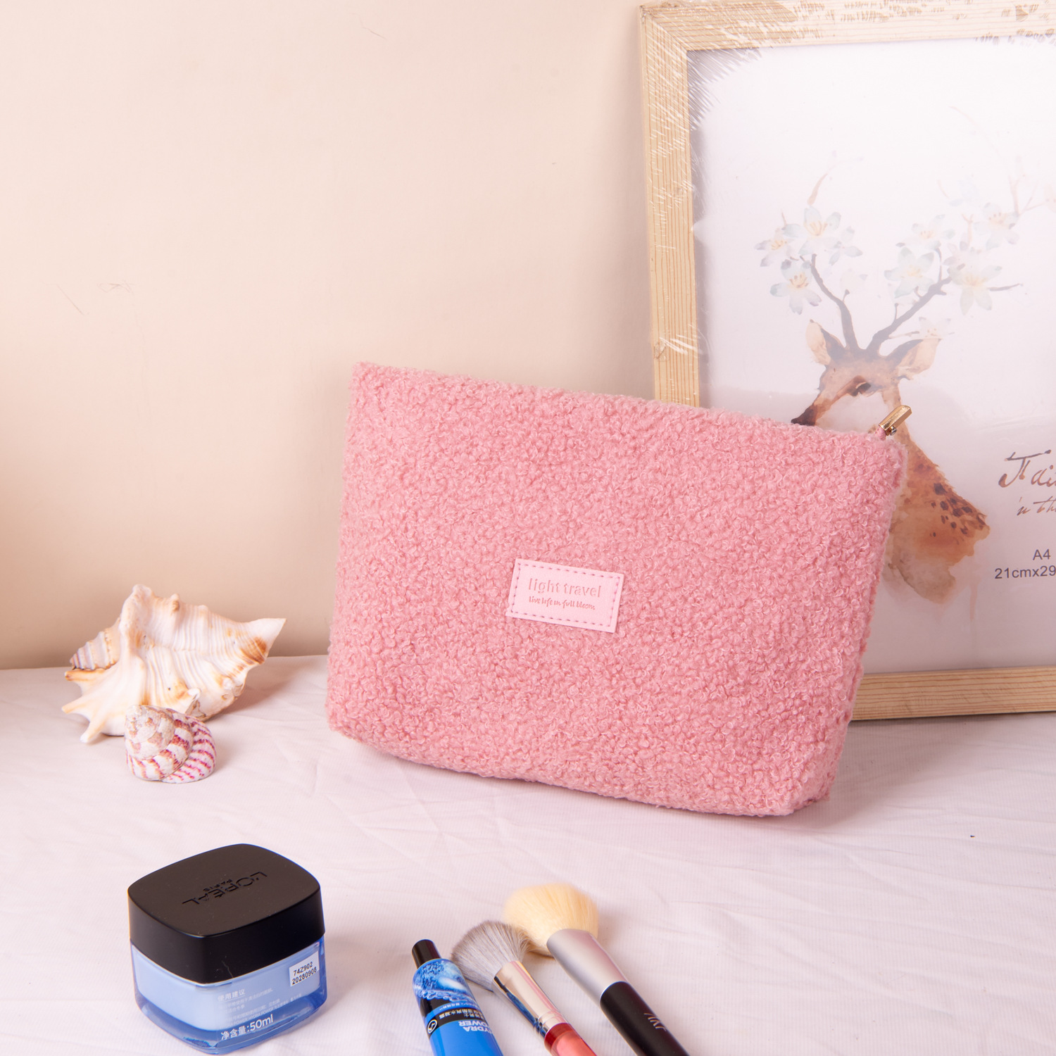 Medium Pink Teddy Fleece Cosmetic Pouch - Soft Sherpa Flat Makeup Bag & Travel Clutch - Multi-purpose Organiser (26cm x 18cm) - Image 1