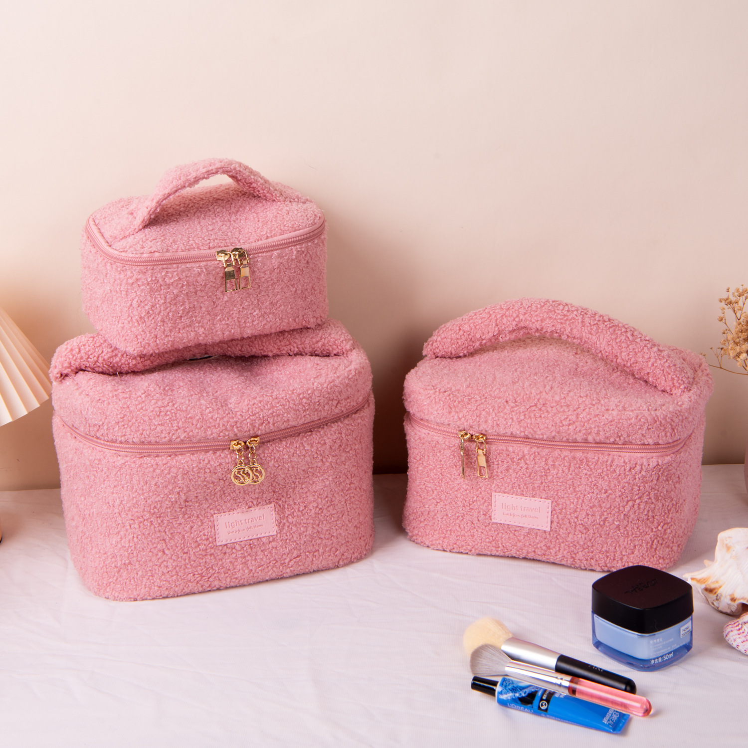 Medium Pink Teddy Fleece Cosmetic Pouch - Soft Sherpa Flat Makeup Bag & Travel Clutch - Multi-purpose Organiser (26cm x 18cm) - Image 3